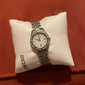 Silver seiko watch with mother of pearl with Swarovski crystals